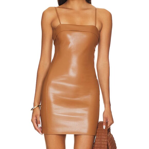 ALICE + OLIVIA Kelly Faux Leather Mini Dress in Camel - Picture 1 of 3